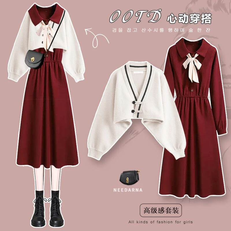 秋冬季穿搭一整套装女2023年新款红色连衣裙女过年针织开衫两件套