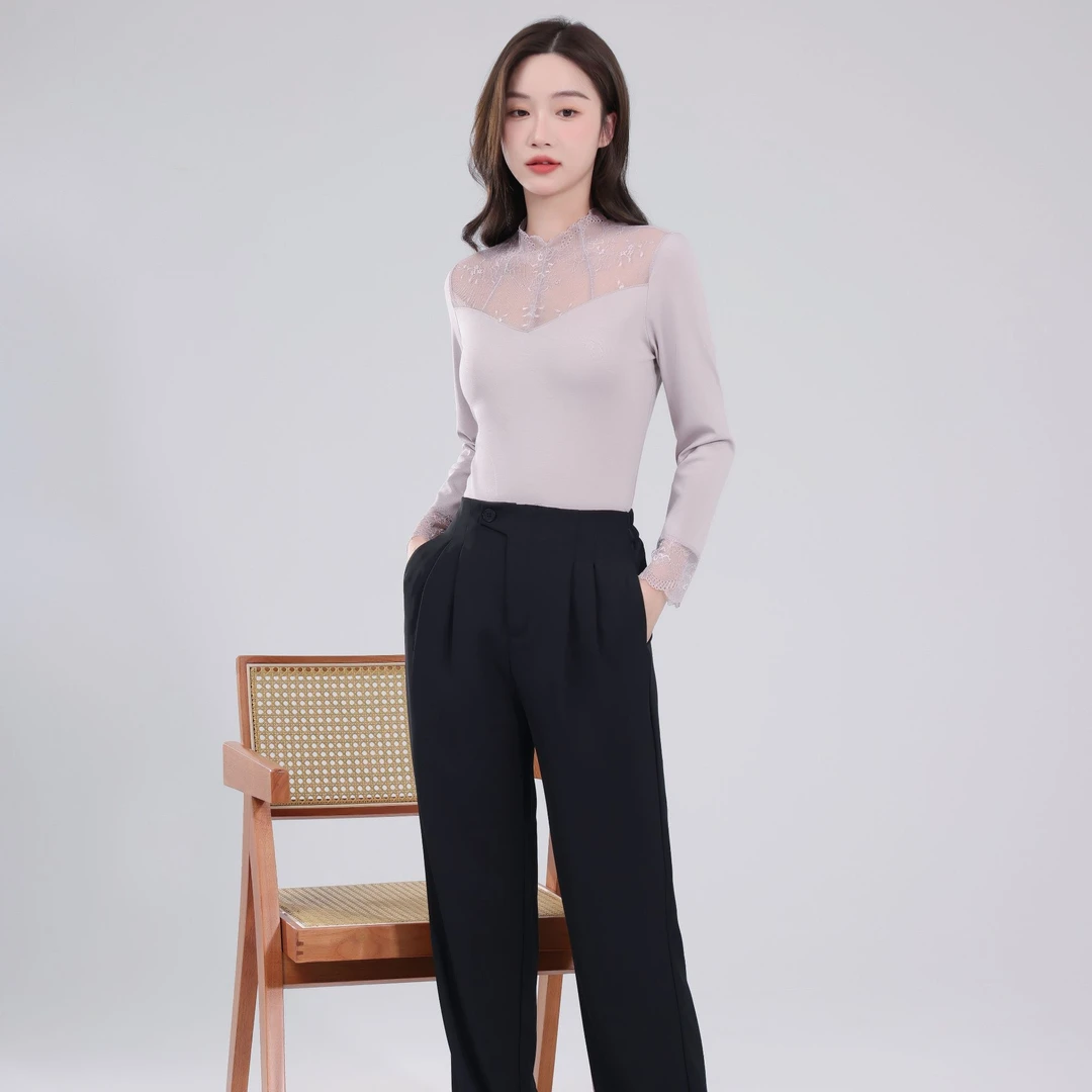 3095 丽维女士保暖内衣秋衣蕾丝花边高领打底衫