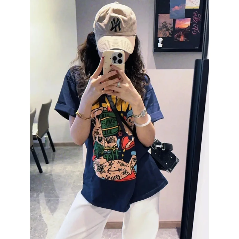 【童千予】大力水手卡通印花短袖T恤女夏季中长款宽松百搭休闲上衣