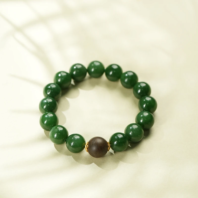 【鑫浩精品店】新疆和田玉-精品碧玉卡12手串一条 菠菜绿 女士百搭