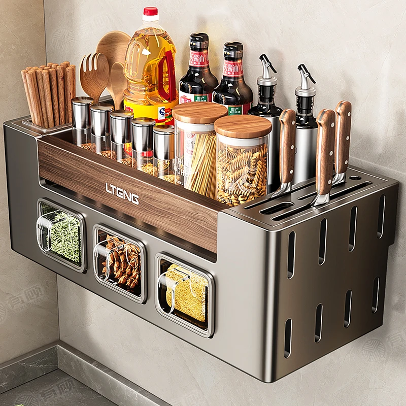 高端胡桃木豪华款不锈钢厨房置物架免打孔家用壁挂调料收纳架