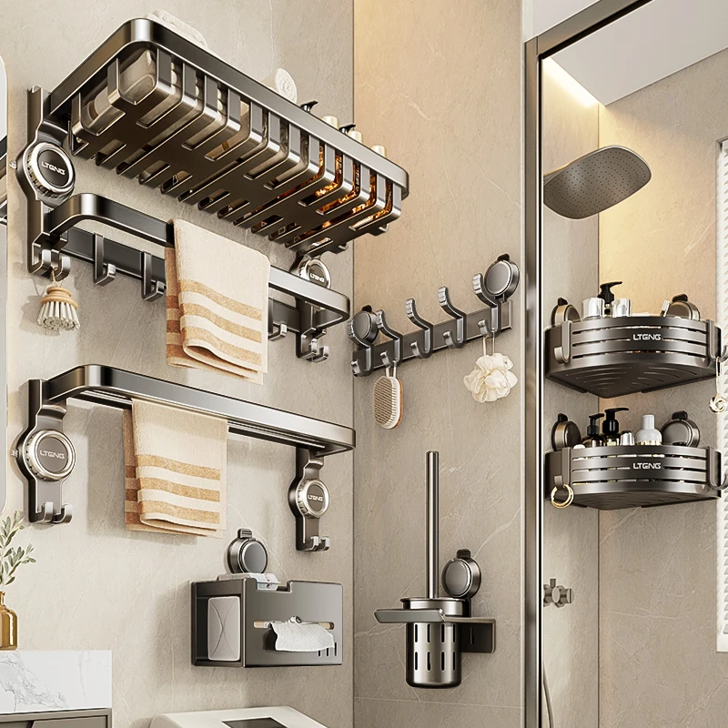 有顾二代吸盘浴巾架免打孔置物架卫生间浴室收纳挂架可折叠毛巾架