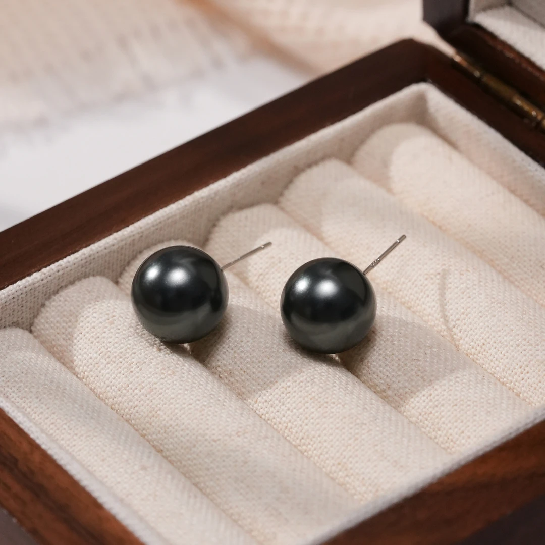 925银仿珍珠耳饰 强光正圆耳环灰色珠珠耳钉高级感女法式经典轻奢