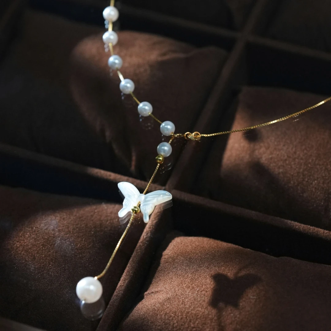 链子925银 甜美仙气蝴蝶珠珠流苏锁骨链设计感仙女百搭减龄项链