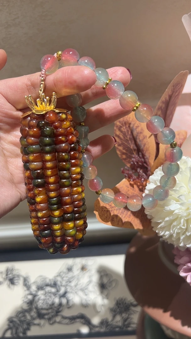 七彩宝石文玩玉米手把件装饰摆件纯手工