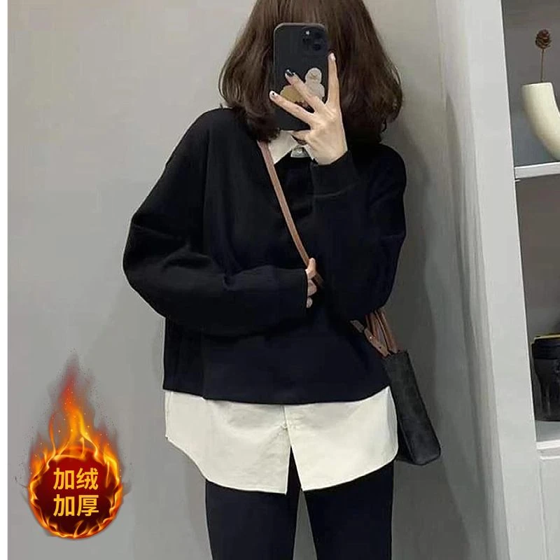 小个子卫衣显瘦长袖洋气时尚打底宽松加绒假两件加厚秋冬季百搭