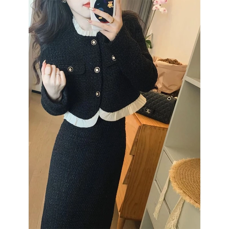 春秋新款高级感气质长袖小香风外套女+松紧腰显瘦半身裙二件套装