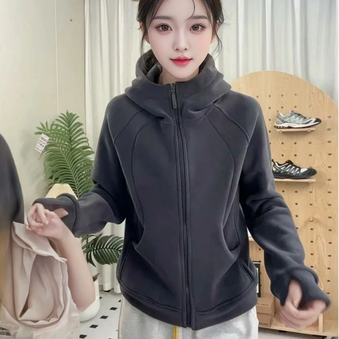 欧货加绒加厚连帽卫衣女2024秋冬新款修身显瘦休闲开衫外套女上衣