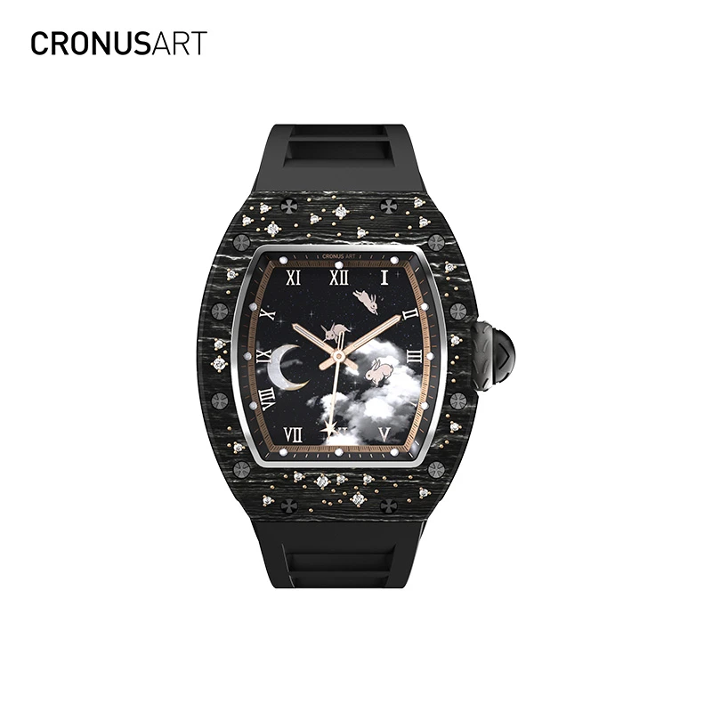 CronusArt克洛斯月兔蓝宝石机械腕表K金镶钻碳纤维时尚名表夜光