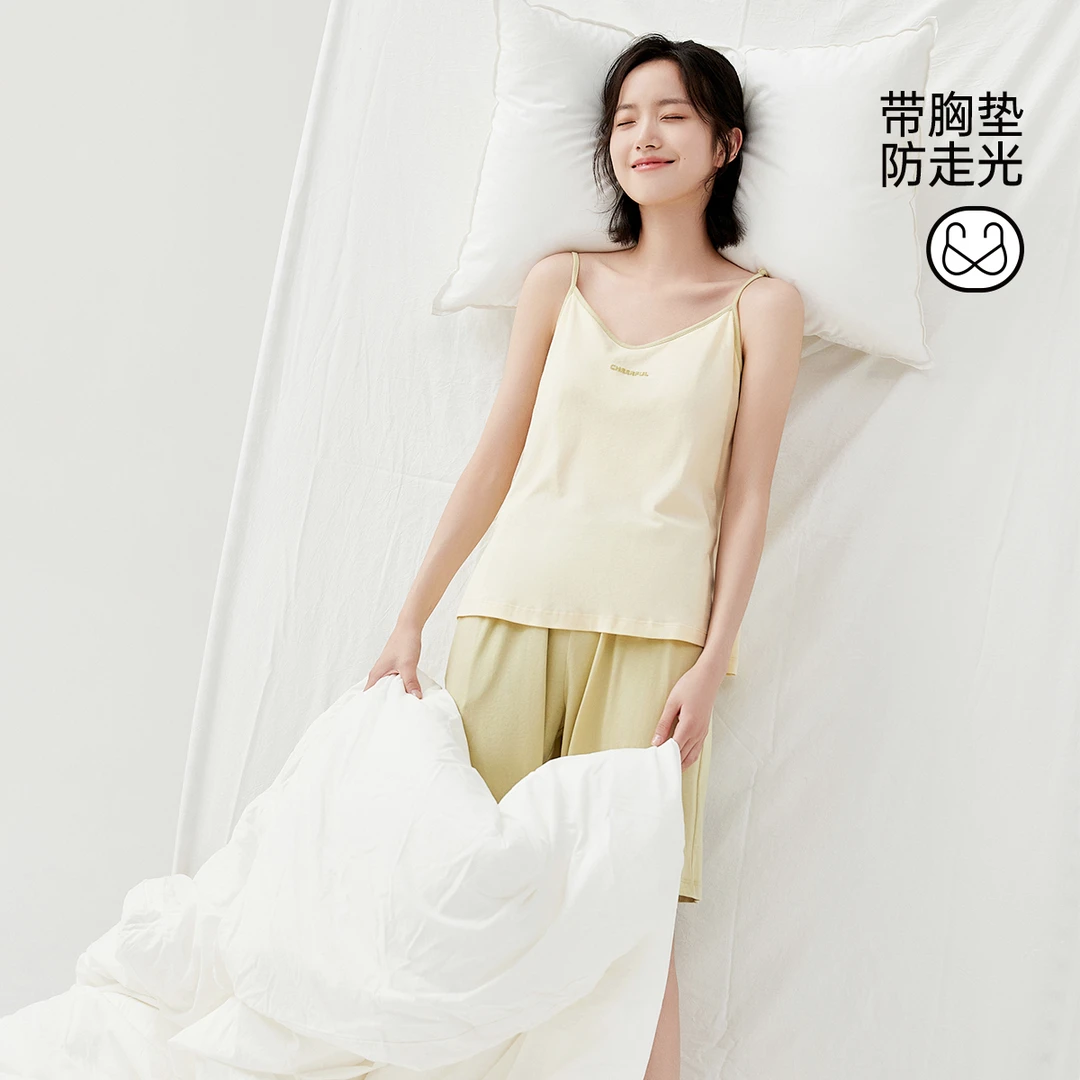 顶瓜瓜睡衣女款24新款夏款带bra-in女士纯棉撞色家居服套装