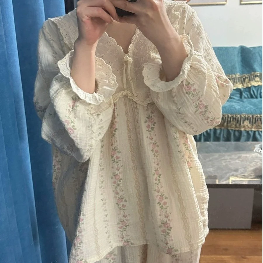 法式花边长袖棉纱睡衣女夏款2024年新款薄款棉长裤家居服套装秋