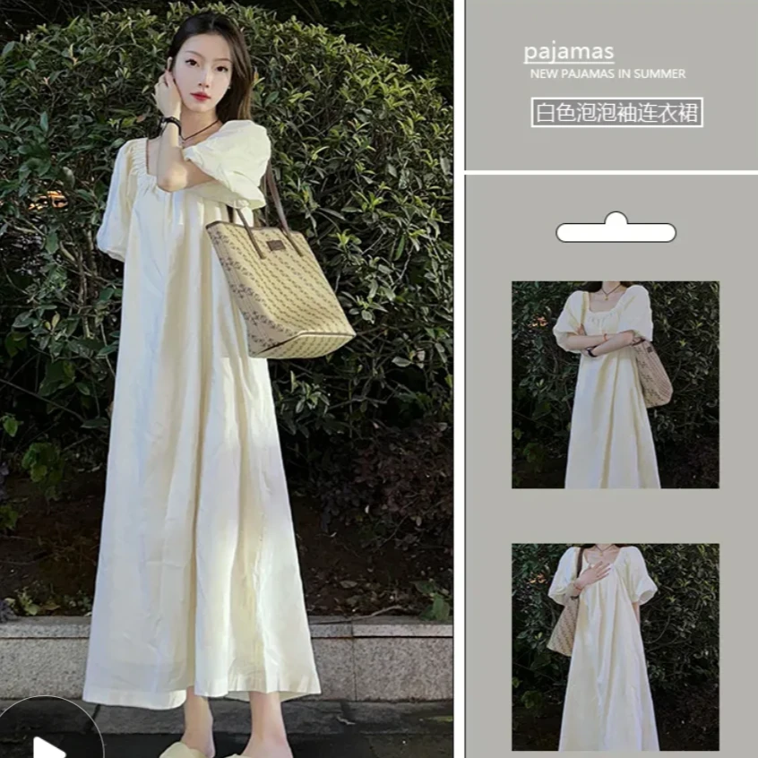 白色度假风裙子连衣裙女夏季新款方领气质显瘦温柔休闲泡泡袖长裙