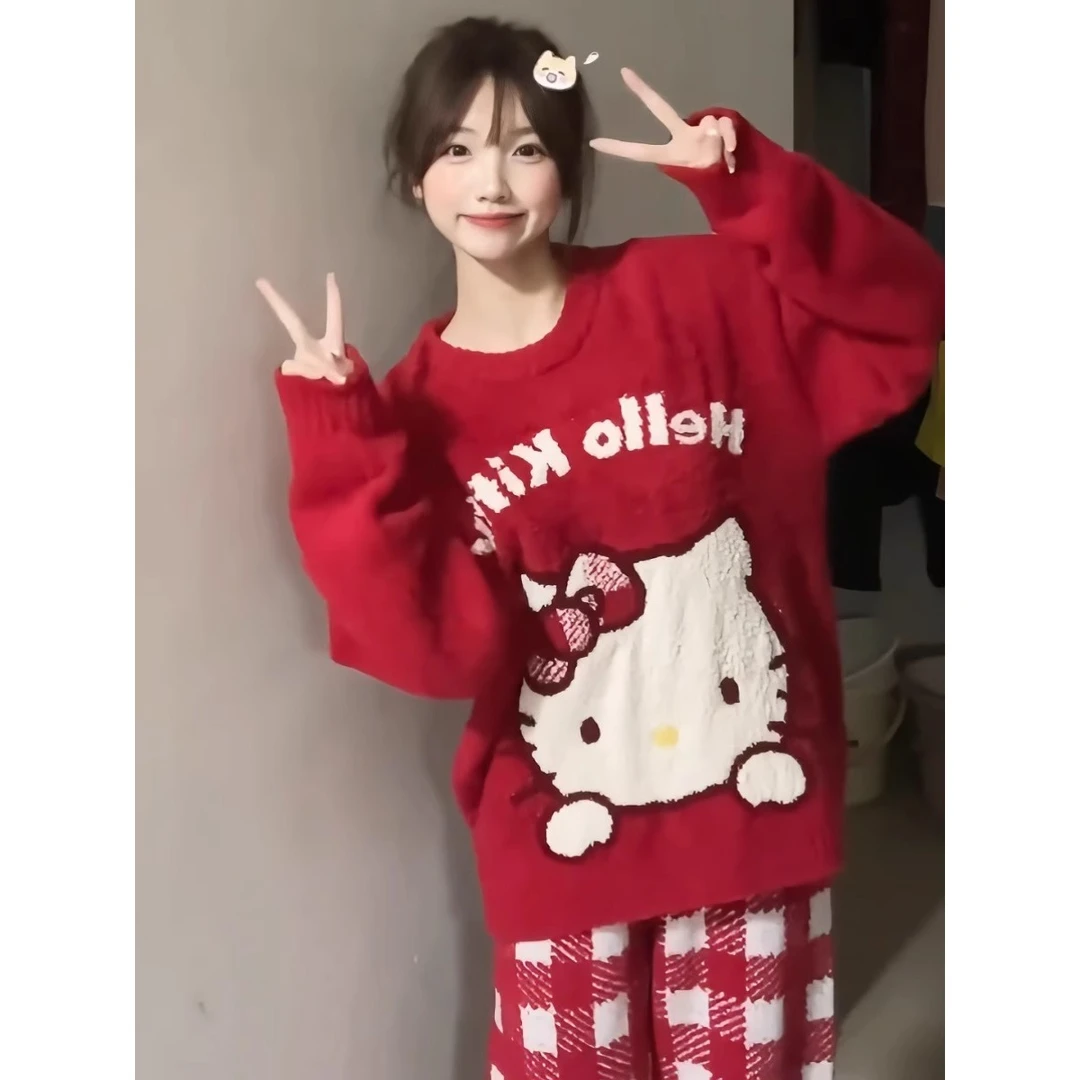 半边绒睡衣女冬季加绒加厚针织圣诞新年红色可爱凯蒂猫家居服套装