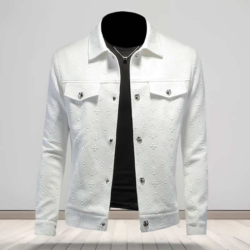 2024新款高品质提花翻领夹克男百搭潮流帅气春秋季气质休闲男外套