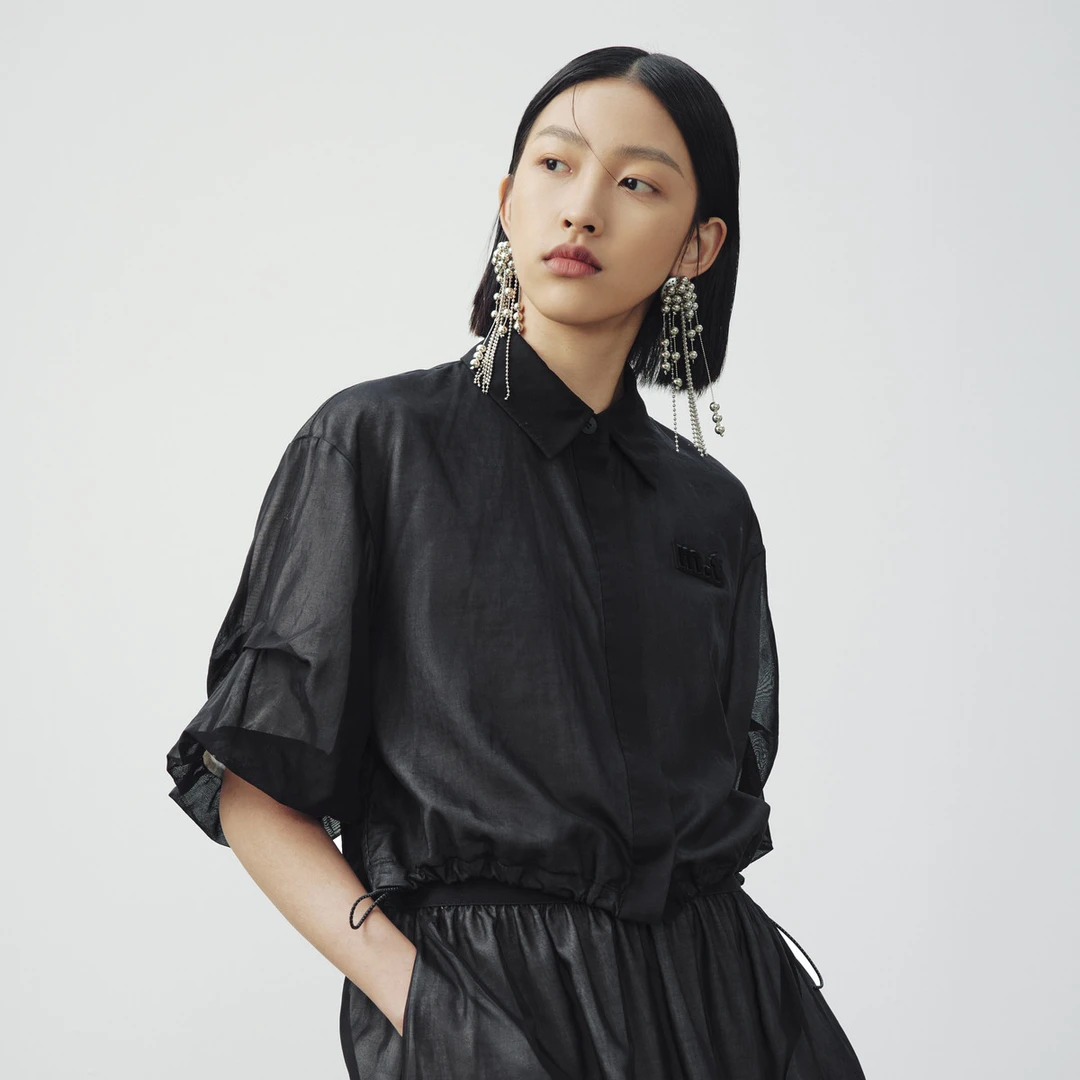 【专柜同款】M.TSUBOMI/子苞米翻领短袖抽绳收腰衬衫双层纱上衣