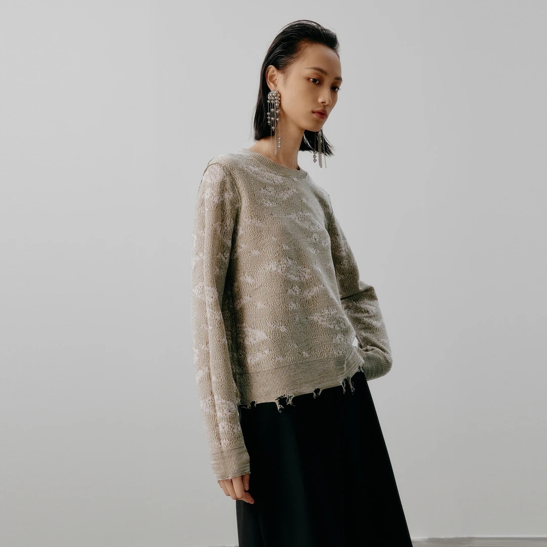 【专柜同款】M.TSUBOMI/圆领毛针织衫2024秋款不规则做旧毛边