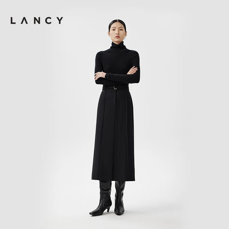 LANCY/朗姿都市假日风高端直筒半身裙黑色显瘦半身裙女装半身裙
