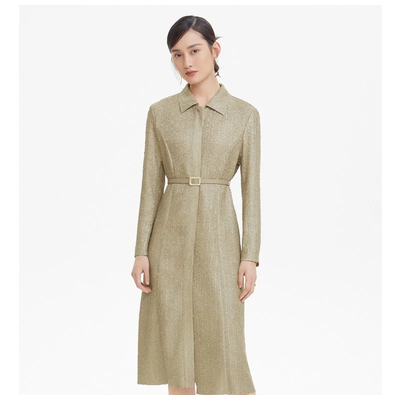 LANCY/朗姿新派简约风高级连衣裙时尚裙子翻领复古系带夏季黑色