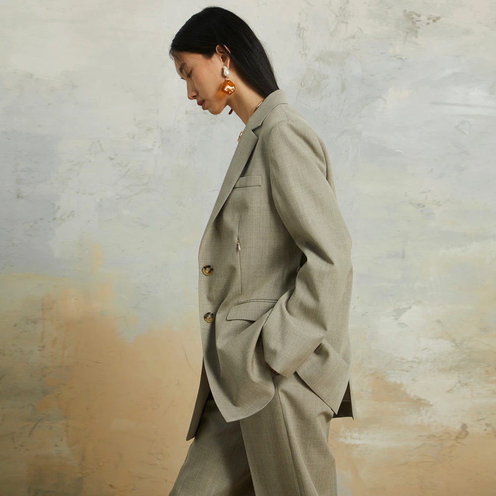 韩版宽松休闲西装时尚绿色复古修身纯色双排扣高级感小西服