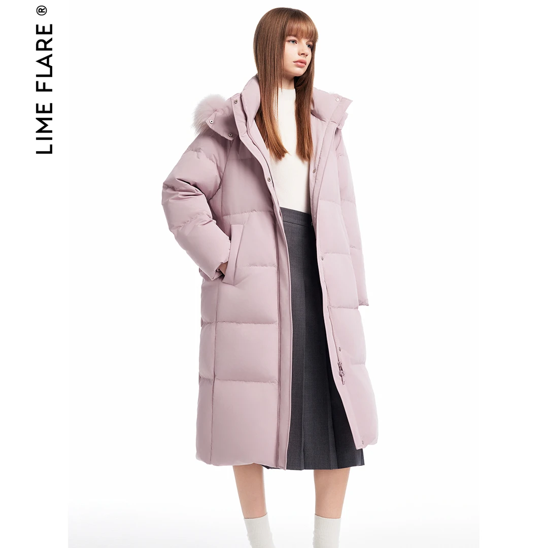 福莱尔2024新款90%白鸭绒可拆卸子毛领连帽粉紫色羽绒服女