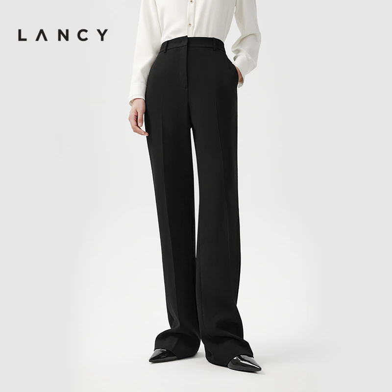LANCY/朗姿都市假日风春季新款黑色醋酸直筒长裤高腰通勤