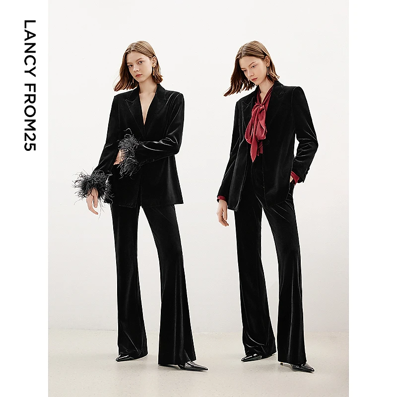朗姿高级感戗驳领复古丝绒修身西服外套设计感气质西装2024冬新款