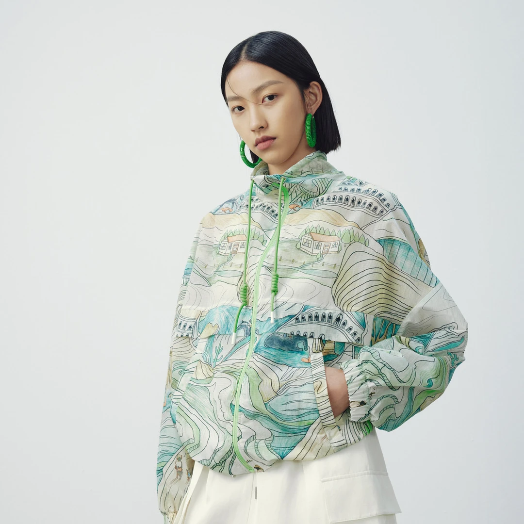 【专柜同款】M.TSUBOMI/子苞米艺术印花翻领抽绳轻薄运动风休闲夹克