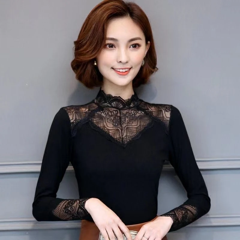 春秋新款时尚拼接镂空半高领打底衫蕾丝长袖内搭洋气显瘦大码百搭