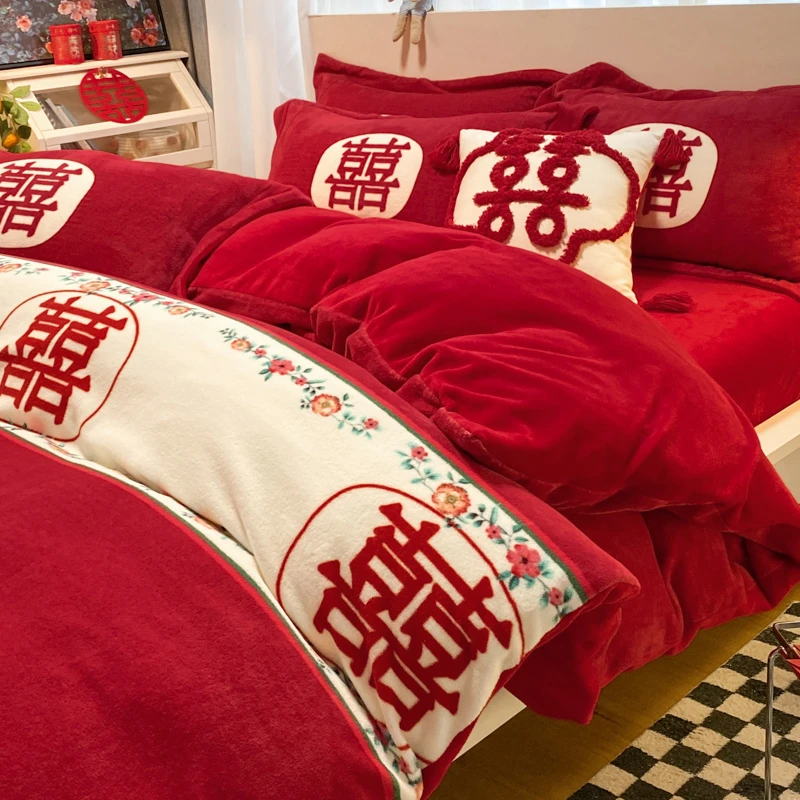 婚庆冬季四件套牛奶绒结婚嫁大红色珊瑚绒床上用品法兰绒被套床单