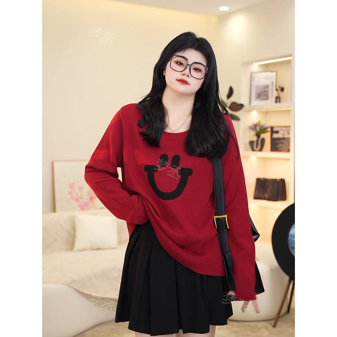 梦丞-胖妹妹大码女装宽松显瘦遮肉休闲百搭圆领笑脸提花针织衫女