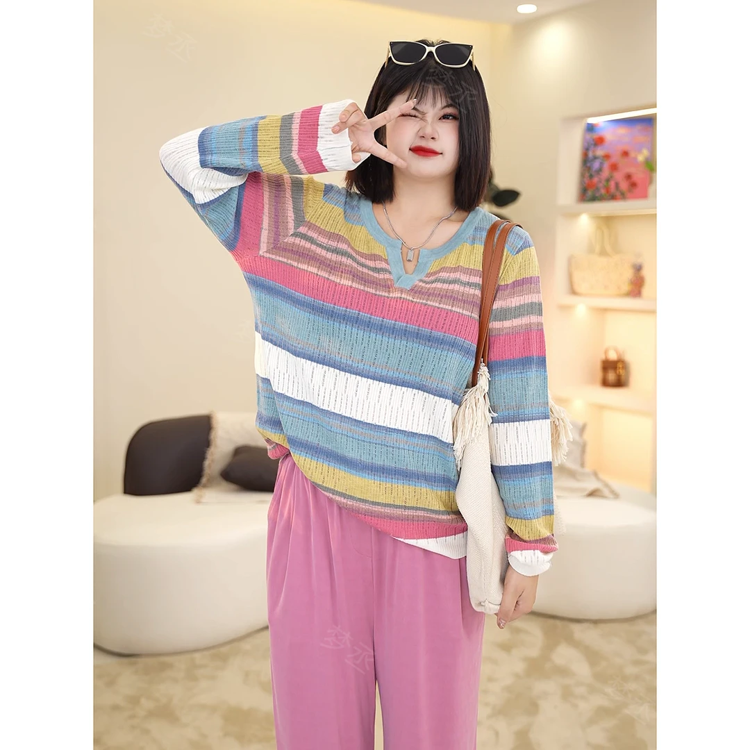 梦丞梦丞-秋冬季大码女装简约风小V领彩色条纹拼接修身打底针织衫