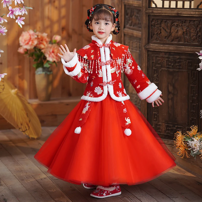汉服女童冬款过年中国风唐装红色宝宝拜年服新年冬装儿童古装冬季
