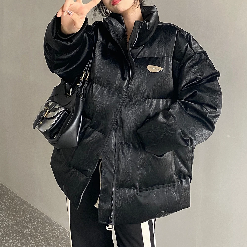 9TAILS LAB高街冬季加厚雾面压皱PU皮棉服男女情侣宽松棉衣面包服