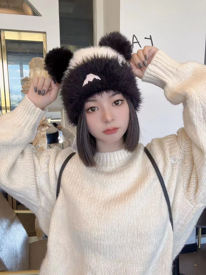 【小熊猫】小熊耳朵帽子2023新款保暖帽子百搭女可爱毛绒针织帽