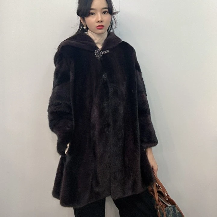 【貂蒂】Z7057线下撤柜高货中长款气质连帽水貂外套女装