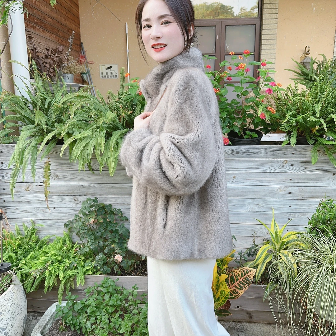 【貂蒂】22H32新款进口天鹅绒紫金短二整貂立领短款水貂外套