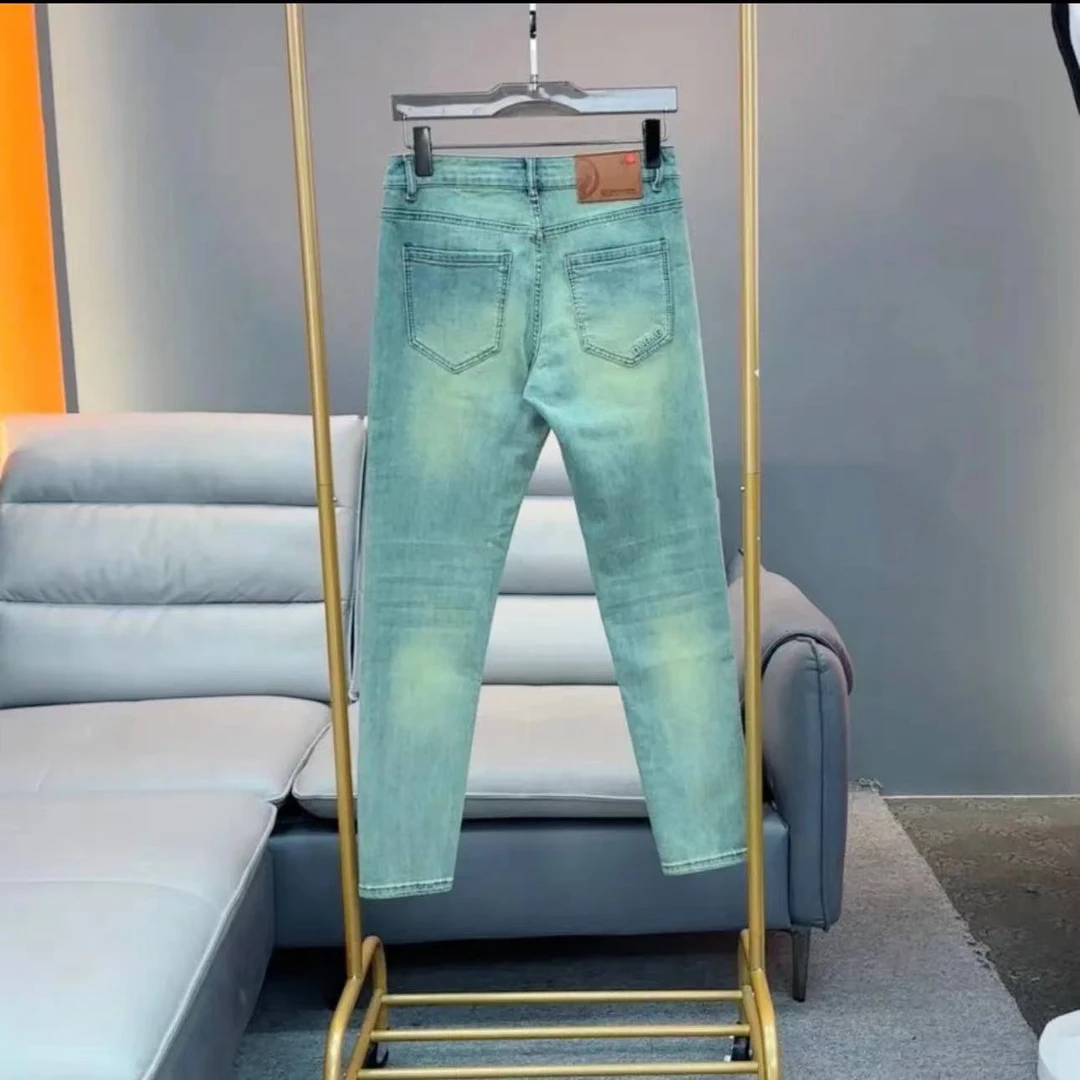 薄款高档欧货薄荷绿修身小直筒休闲百搭潮流男士牛仔裤弹力户外男
