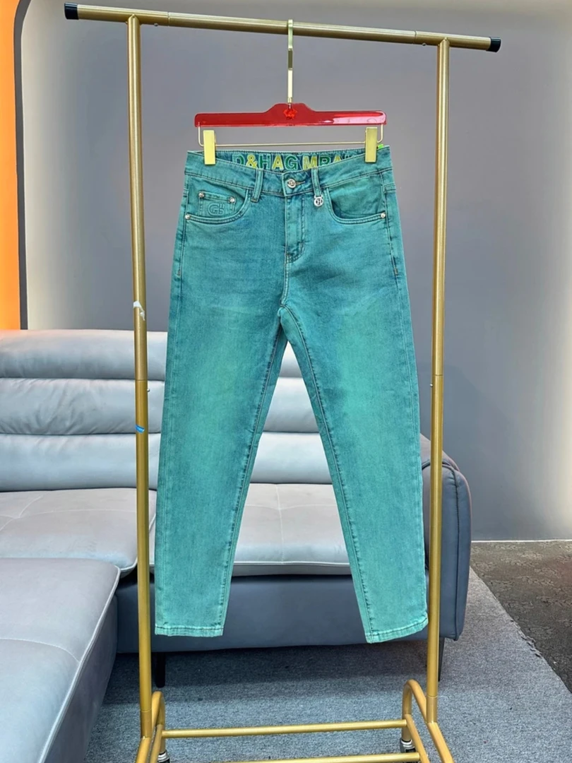 夏季薄款高端欧货碧玉绿修身小直筒休闲男士弹力软牛仔裤冰凉透气