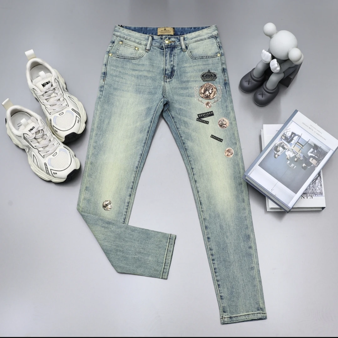 潮流牛仔裤高端欧货时尚印花浅蓝色男士牛仔裤修身小脚男牛仔裤子