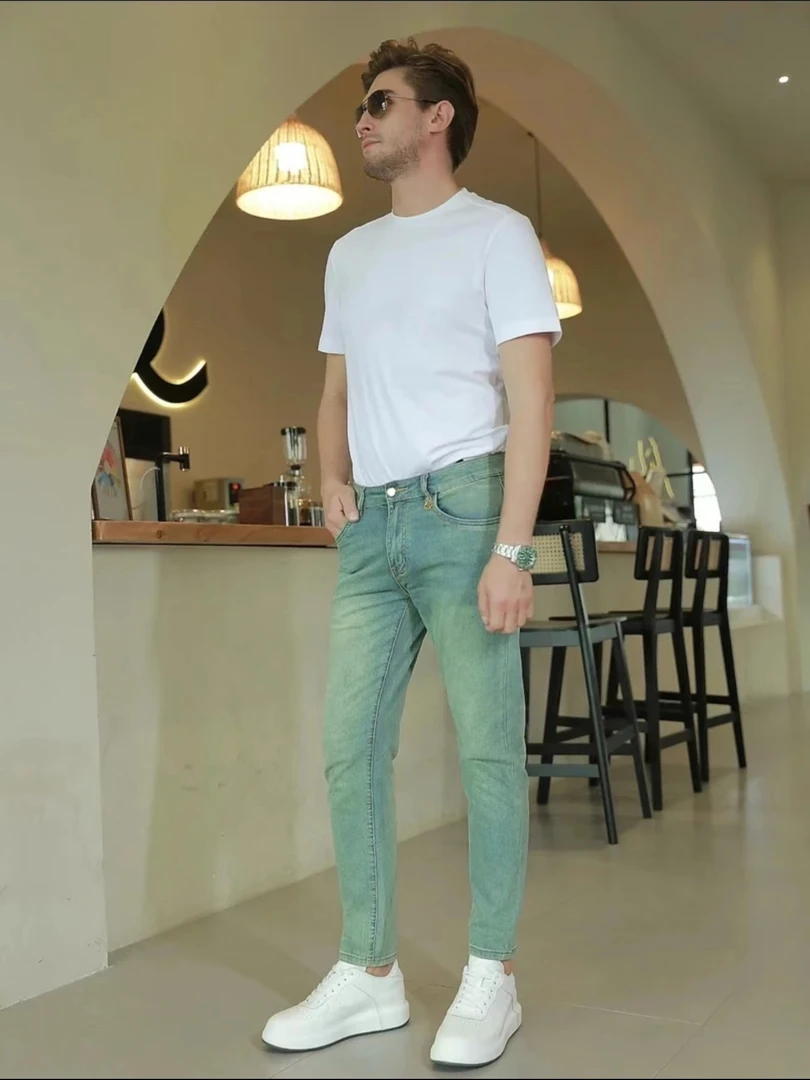 春夏薄荷绿高端欧货休闲牛仔裤男士修身弹力小直筒时尚男装牛仔裤