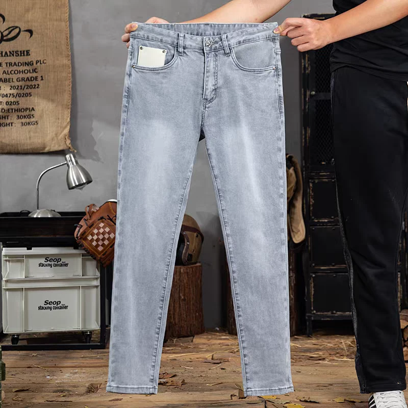 高端莱赛尔天丝三防高弹牛仔裤男修身小直筒长裤夏季防油透气裤子