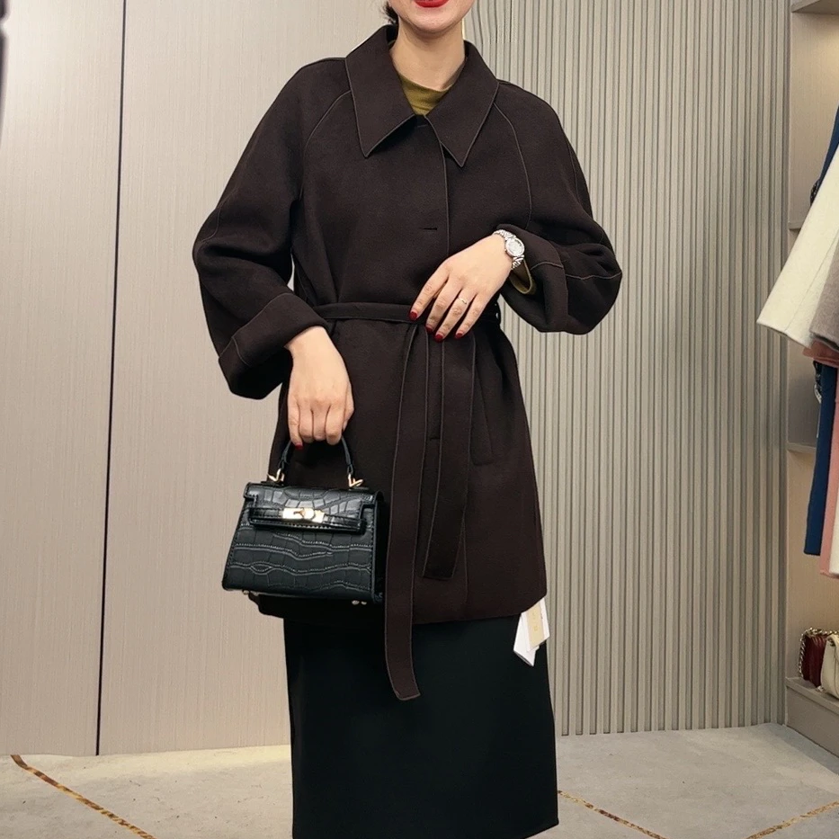 【雨澜】秋冬新款百搭显瘦时尚气质轻奢设计师衬衫领毛呢中长款外套