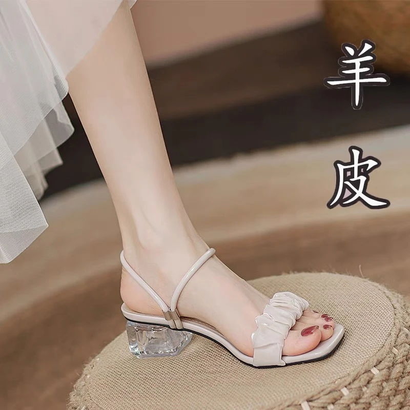 真皮新款凉鞋女2025夏季时尚百搭仙女风粗跟中跟露趾水晶爆款拖鞋