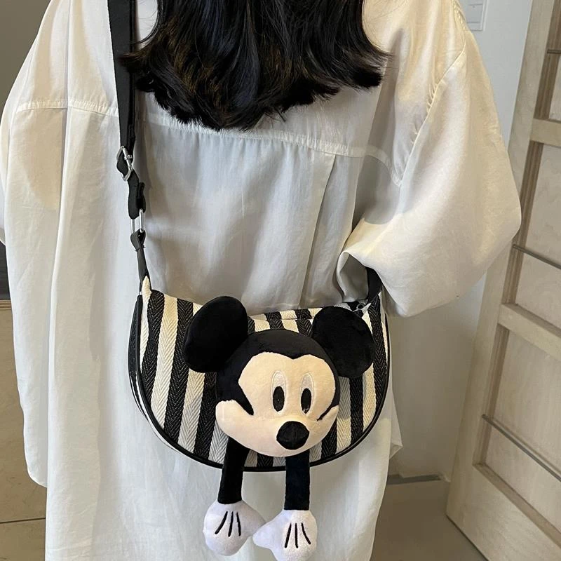 可爱米奇饺子包包女2025新款休闲条纹帆布包小众设计百搭斜挎女士