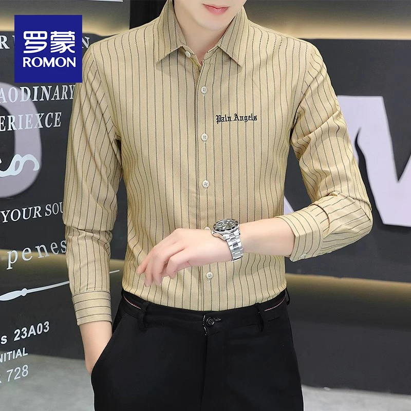 罗蒙条纹长袖衬衫男士春秋季2024款修身弹力衬衣休闲潮流商务上衣