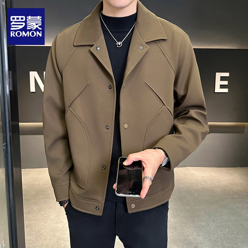 罗蒙高质量时尚百搭夹克2024秋冬季纯色休闲简约高街男士翻领外套