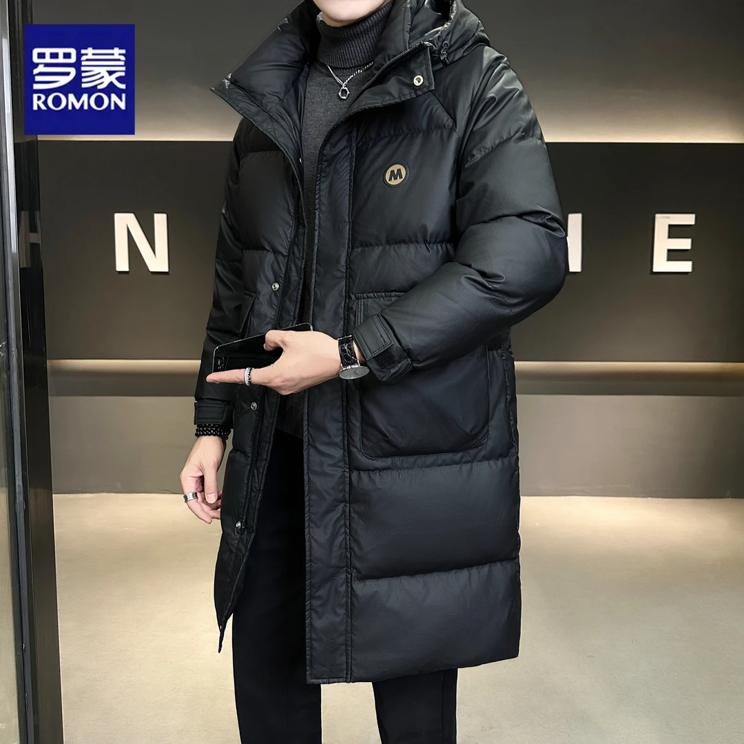 罗蒙黑色中长款羽绒服连帽防寒保暖百搭2025新款冬季高级感外套男