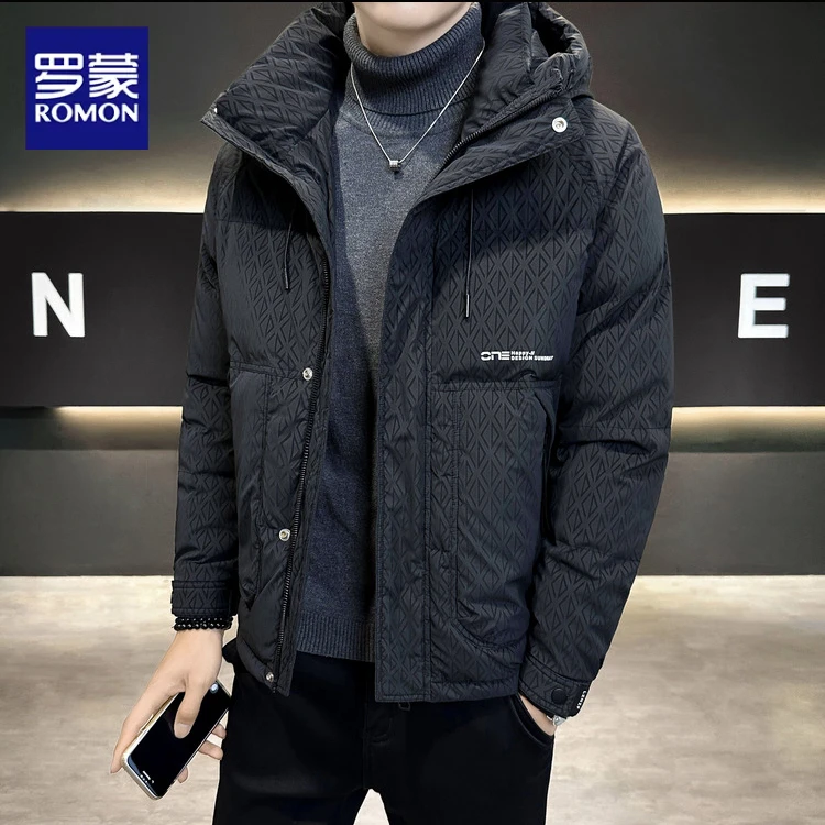 罗蒙黑色冬季白鸭绒羽绒服2024新款保暖加厚连帽修身短款男士外套