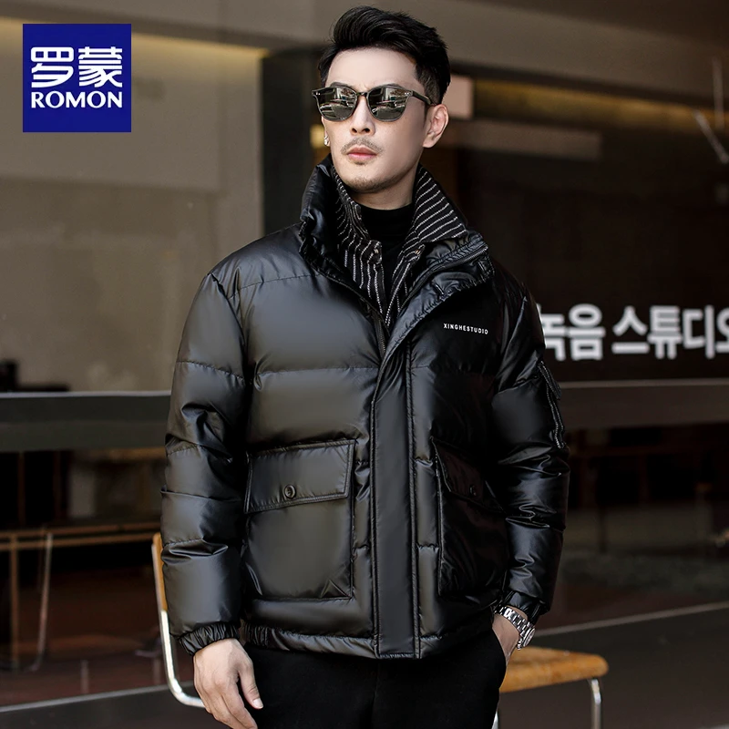 罗蒙免洗潮流黑色亮面冬季羽绒服2024加绒加厚保暖白鸭绒男款外套