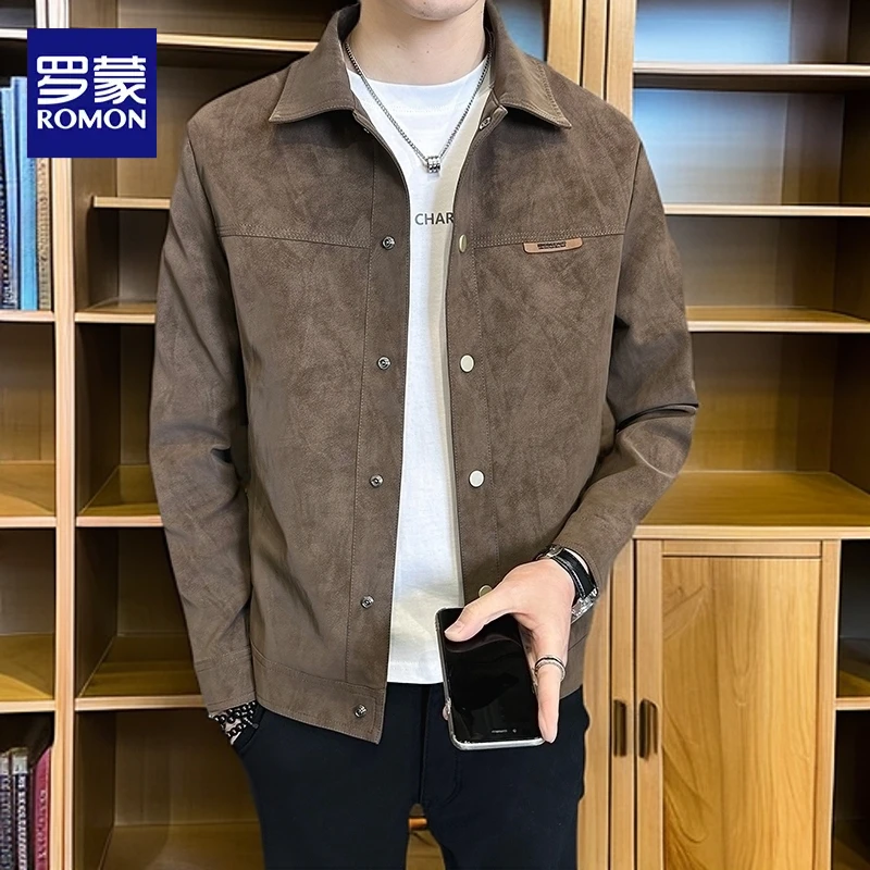 罗蒙时尚纯色高级皮夹克修身2024春秋季节新款翻领帅气男爆款外套